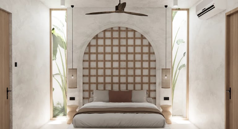 Modern bedroom with latticed arched headboard, low-profile bed, symmetrical nightstands, pendant lighting, and floor-to-ceiling windows