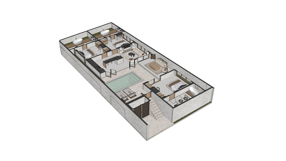 3D isometric floor plan of a modern residential apartment showing multiple rooms, bathrooms, and kitchen layout