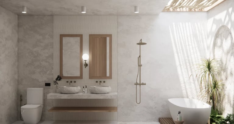 Modern bathroom with dual sinks, freestanding tub, walk-in shower, and abundant natural light from large windows