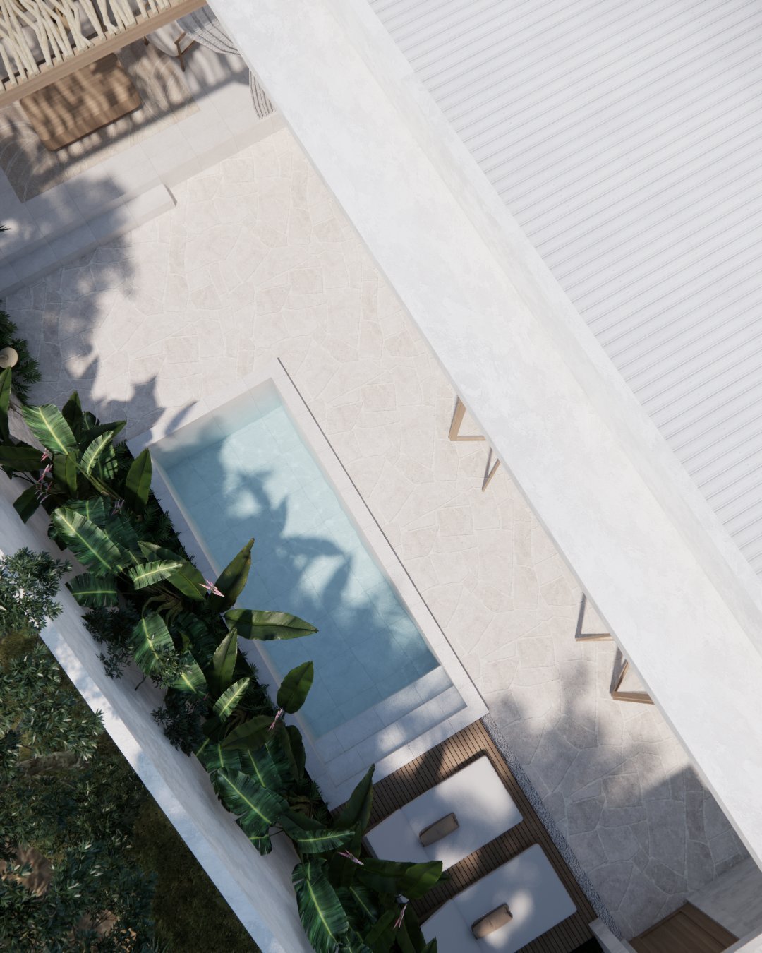 Overhead view of a modern poolside deck with lounge chairs, white pergola, and lush green climbing ivy plants