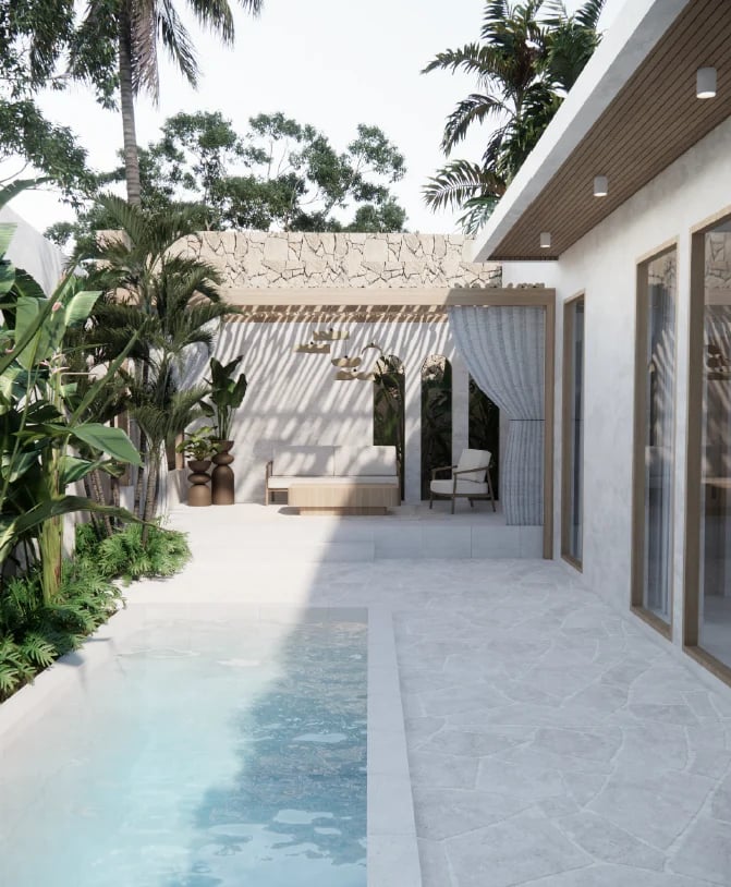 Modern white patio with striped awning, tropical plants, lounge seating, and a narrow pool running along the deck