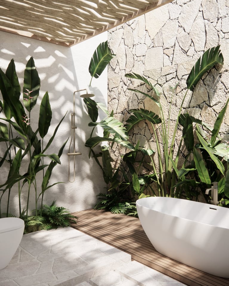 Luxury outdoor bathroom with white freestanding bathtub surrounded by tropical plants against cracked white wall, wood decking floor with sunlight filtering through pergola roof