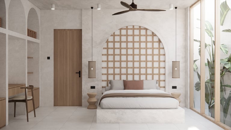 Modern bedroom with geometric headboard, pendant lights, wooden door, and contemporary furniture in neutral tones