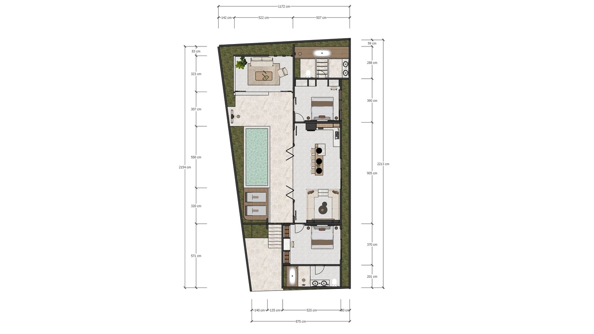 Architectural floor plan of a residential unit showing kitchen, bedroom, bathroom, and living spaces with dimensions and furniture layout