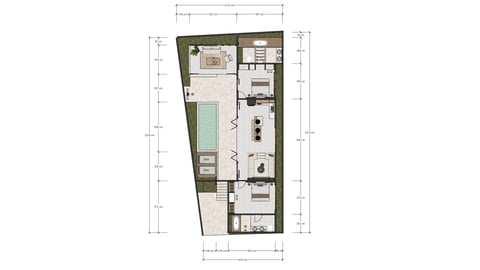 Architectural floor plan of a residential unit showing kitchen, bedroom, bathroom, and living spaces with dimensions and furniture layout