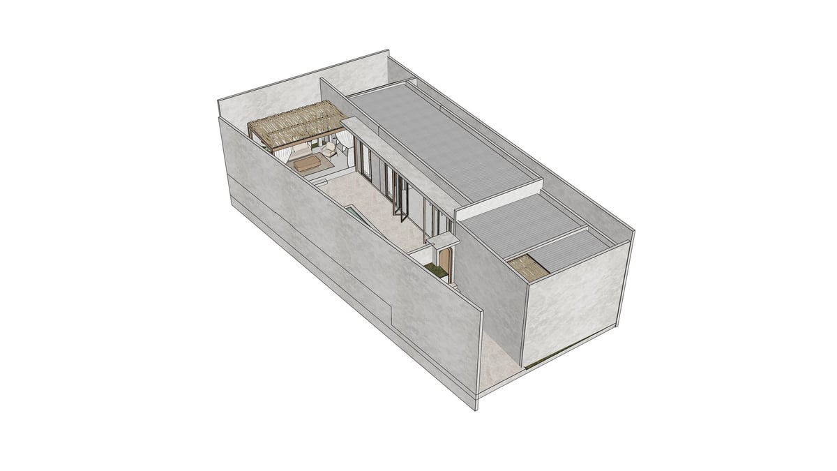 3D floor plan of a small studio apartment showing open layout with kitchen, living area, and bedroom spaces