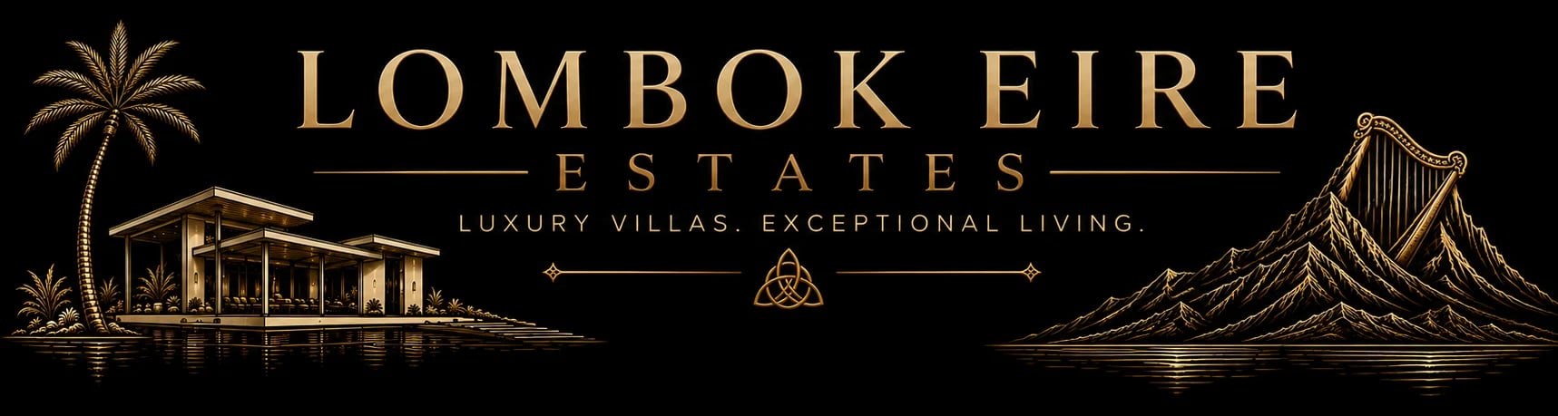 Lombok Eire luxury villas logo featuring palm trees, villa building, mountain, and golden text on black background