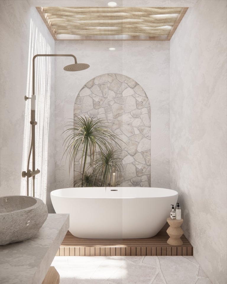 Modern spa bathroom with white oval freestanding tub, rainfall shower, lime-washed stone accent wall, and potted plants