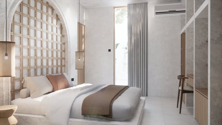Modern bedroom with arched wood headboard, white bedding, neutral tones, pendant lighting, and minimalist decor