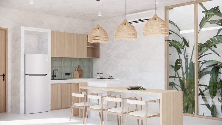 Modern kitchen interior with light wood cabinets, white appliances, woven pendant lights, and dining area with wooden chairs and potted plant