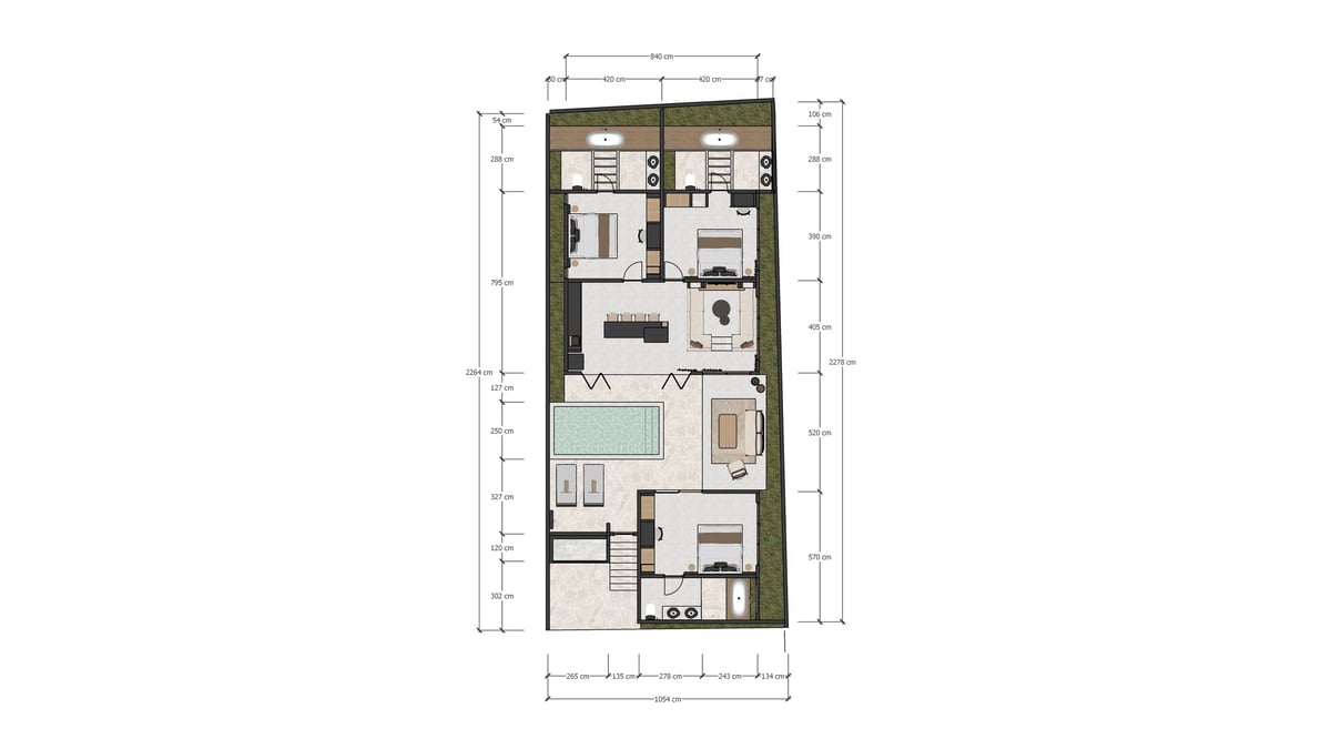 Floor plan layout showing a residential unit with multiple rooms, bathrooms, and dimensional markings