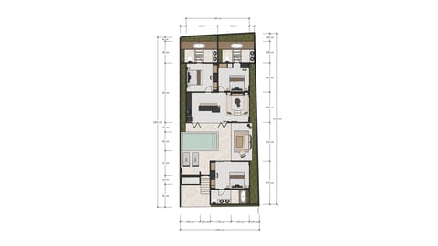 Floor plan layout showing a residential unit with multiple rooms, bathrooms, and dimensional markings