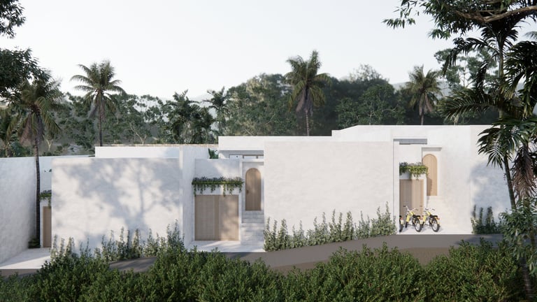 Modern white architectural rendering of a minimalist house with palm trees and tropical vegetation surrounding the structure.