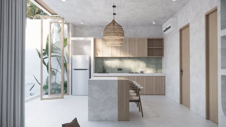 Modern minimalist kitchen with wood cabinetry, concrete island, pendant light, and large window with plant