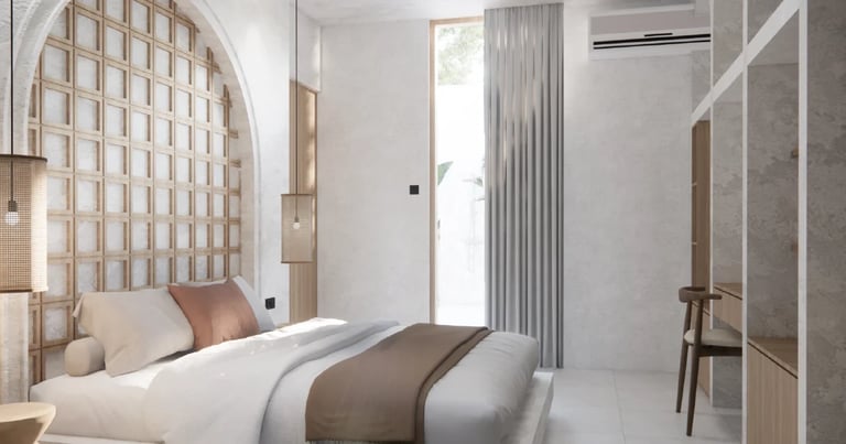 Modern bedroom with arched wooden headboard, white bedding, neutral tones, and minimalist decor