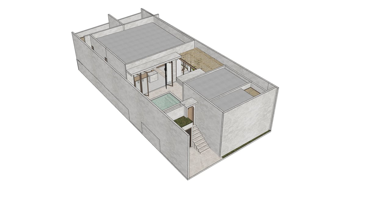3D isometric cutaway diagram of a modern residential container home interior layout with living spaces and staircase