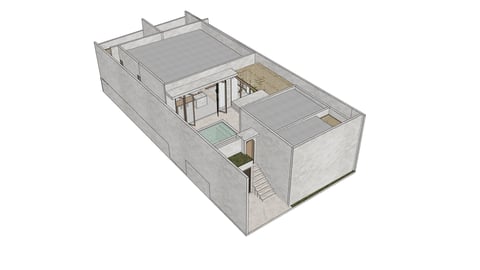 3D isometric cutaway diagram of a modern residential container home interior layout with living spaces and staircase