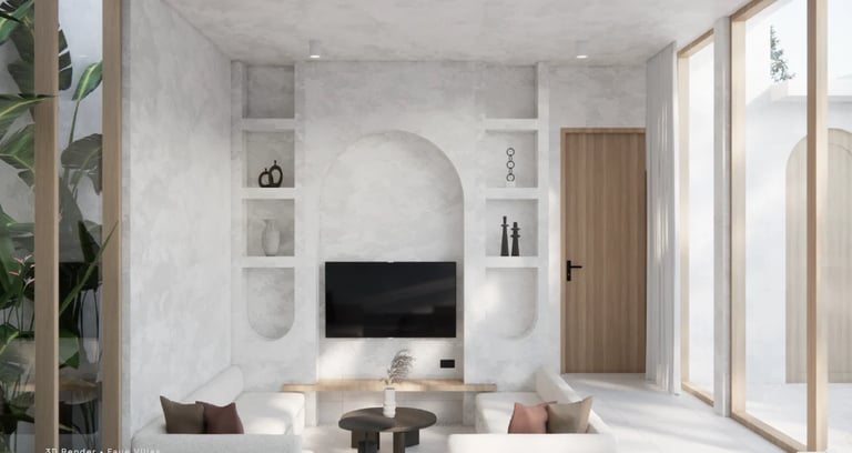 Modern minimalist living room with white marble walls, wall-mounted TV, built-in shelving, wooden door, floor-to-ceiling windows, and contemporary seating