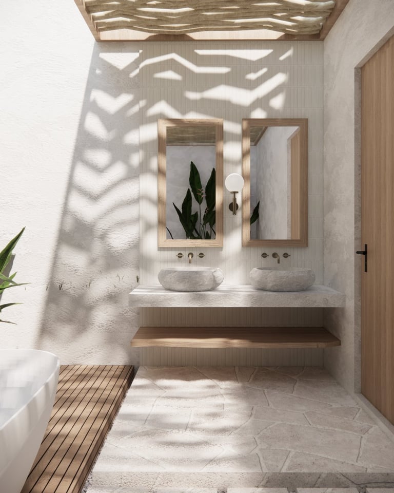 Modern minimalist bathroom with floating vanity, dual mirrors, natural light from geometric ceiling window, and light wood accents