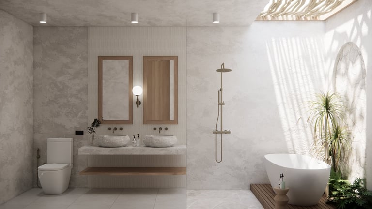 Modern bathroom with double vanity, freestanding tub, rainfall showerhead, and natural light from window with plants