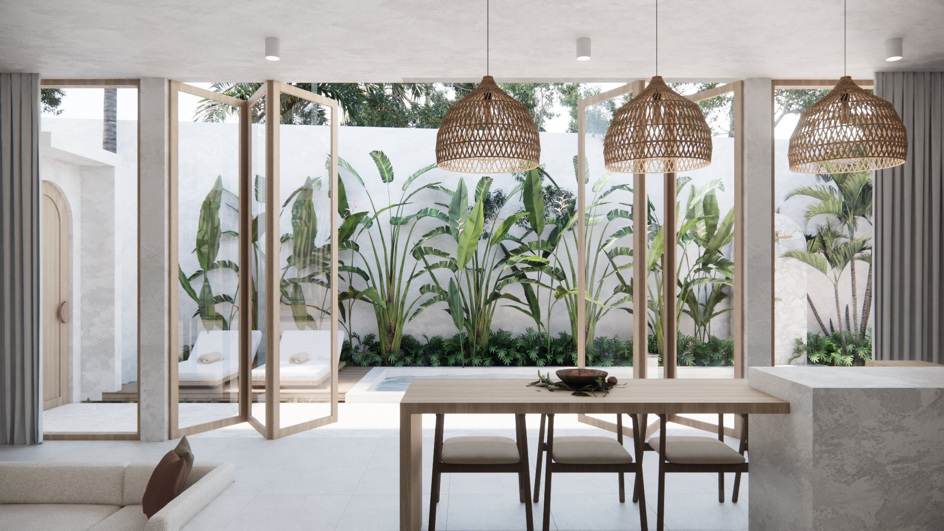 Modern dining room with wooden table and chairs, woven pendant lights, and floor-to-ceiling windows overlooking a lush garden.
