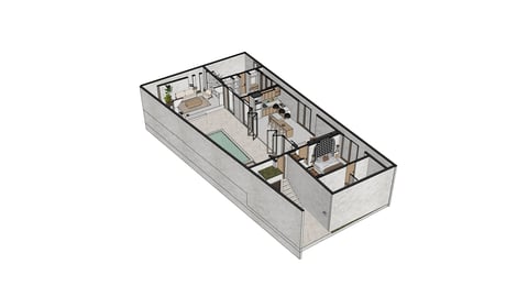 3D isometric floor plan of a residential apartment showing layout of rooms, kitchen, bathroom, and living spaces