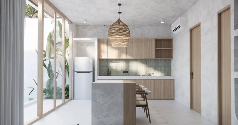 Modern kitchen with wooden cabinetry, concrete island, woven pendant light, and large sliding glass doors to outdoor space
