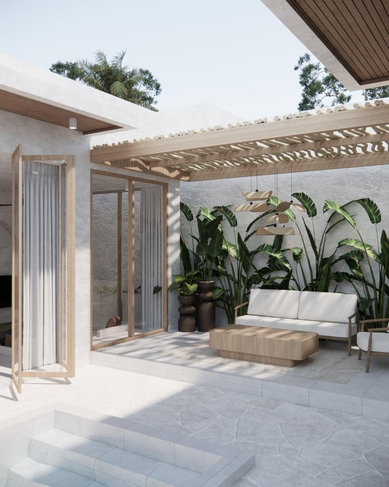 Modern patio with wooden pergola, lounge seating, potted plants, and glass bi-fold doors opening to interior space