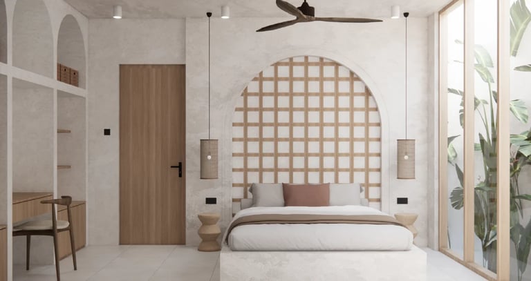 Modern bedroom with wooden lattice headboard, white walls, bed with gray bedding, pendant lights, wooden door, and potted plant by window