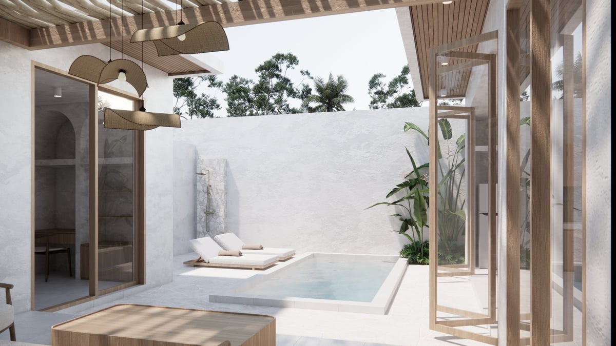 Modern luxury bathroom with sunken bathtub, wooden accents, natural light from skylight, and potted plant
