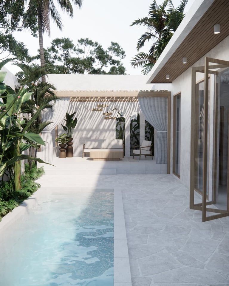 Modern patio with infinity pool, white stone flooring, wooden shade structure, tropical plants, and contemporary architecture overlooking lush greenery