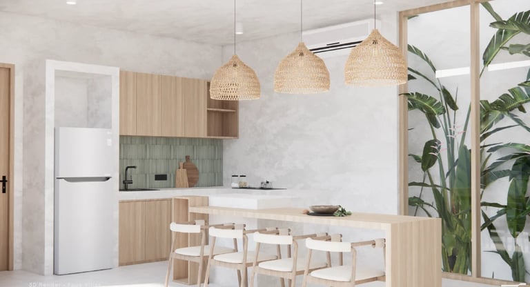 Modern kitchen with light wood cabinets, white appliances, woven pendant lights, and dining area with plant decor