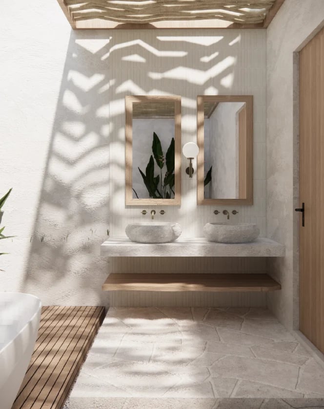 Modern minimalist bathroom with geometric patterned skylight, dual mirrors, white counter, wooden accents, and potted plants