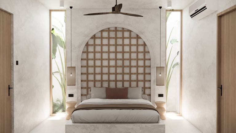 Modern minimalist bedroom with arched headboard, built-in nightstands, pendant lights, and symmetrical window frames