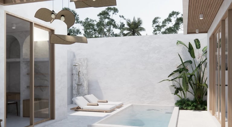 Outdoor bathroom with sunken soaking tub, wooden ceiling accents, and frosted glass enclosure