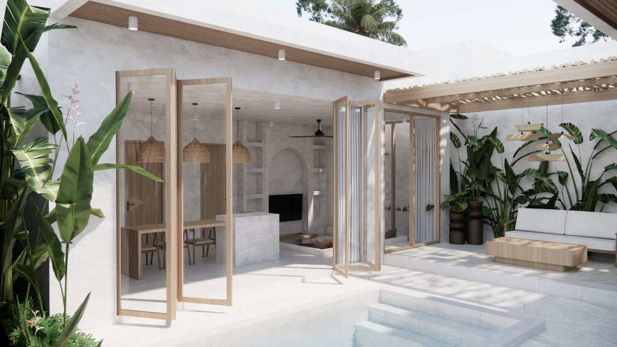 Modern home with glass doors opening onto a sunny patio, surrounded by potted plants and natural wood elements